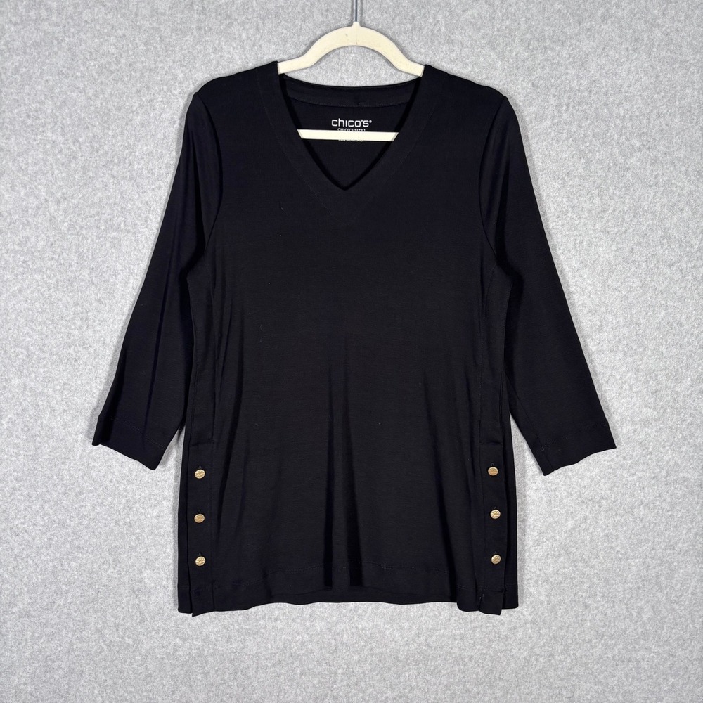 Chicos Pima Cotton Tunic Shirt Medium Black Gold Buttons Jersey Lagenlook Artsy
